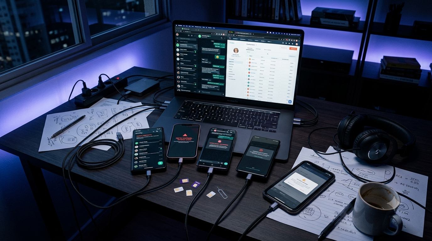 Mesa noturna com notebook, celulares, chips, cabos e opera&ccedil;&atilde;o comercial fora de controle
